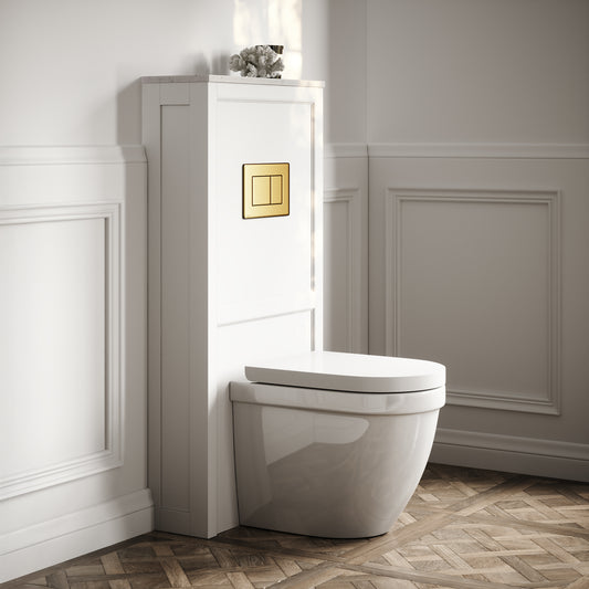 Berkeley Traditional Back to Wall Rimless Toilet with Concealed Cistern, Matte White Claridge Housing and Brushed Gold Flush Plate