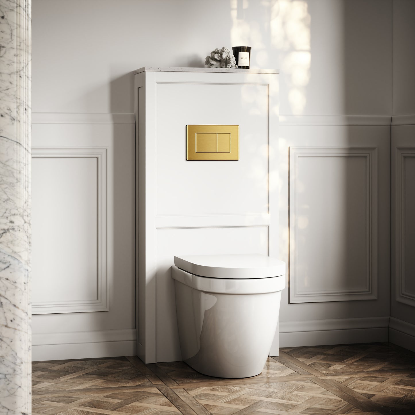 Berkeley Traditional Back to Wall Rimless Toilet with Concealed Cistern, Matte White Claridge Housing and Brushed Gold Flush Plate