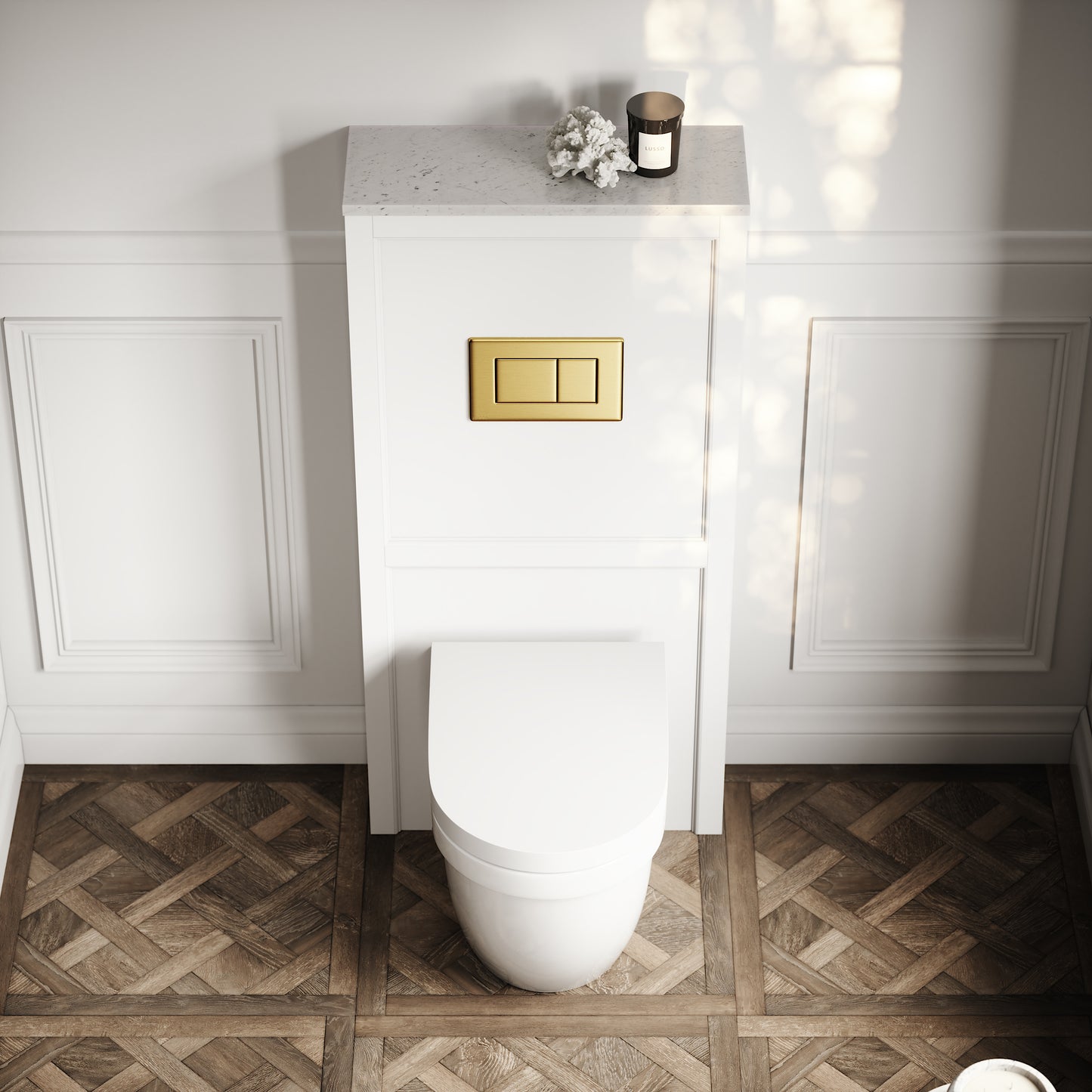 Berkeley Traditional Back to Wall Rimless Toilet with Concealed Cistern, Matte White Claridge Housing and Brushed Gold Flush Plate