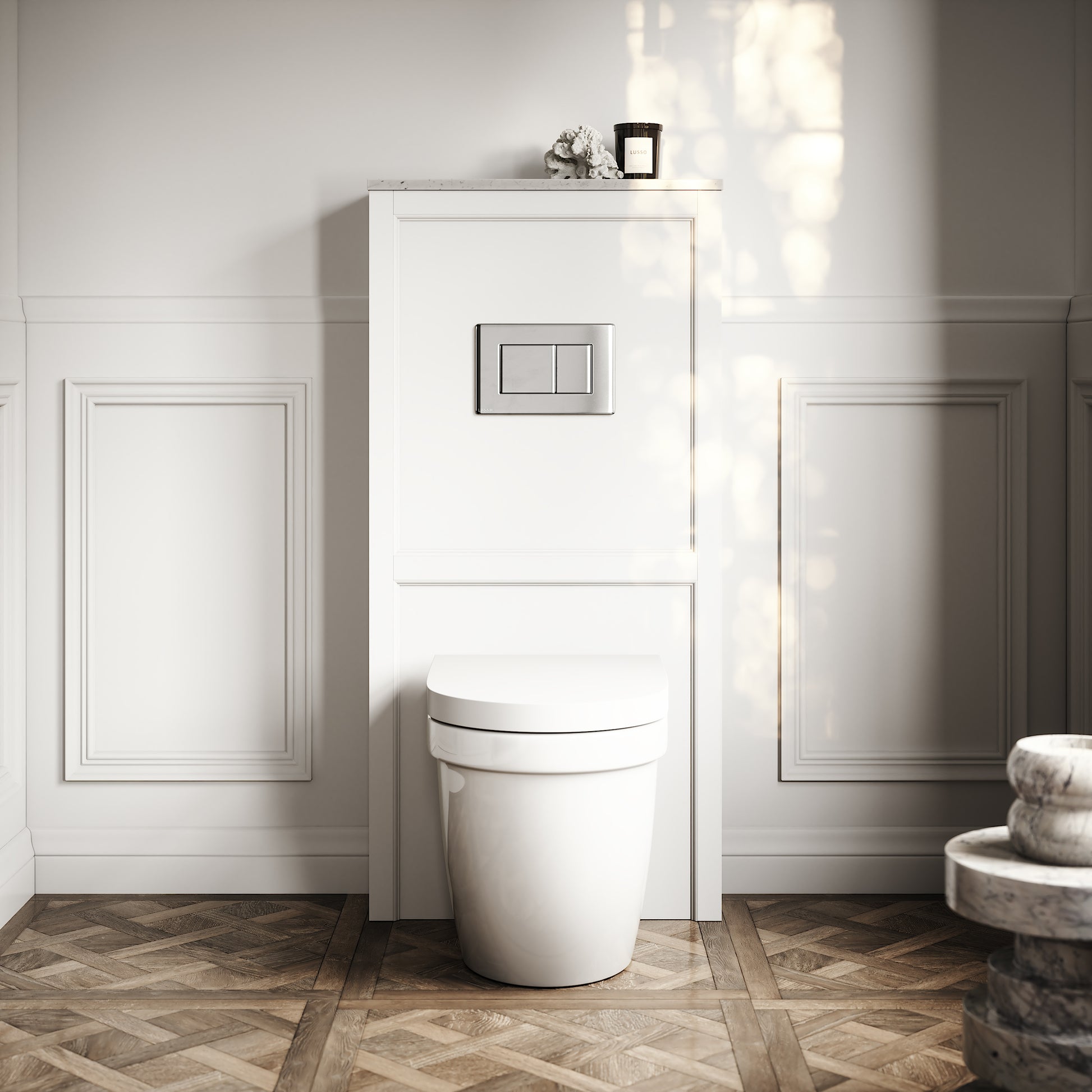 Berkeley Traditional Back to Wall Rimless Toilet with Concealed Cistern, Matte White Claridge Housing and Chrome Flush Plate