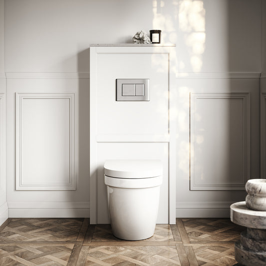 Berkeley Traditional Back to Wall Rimless Toilet with Concealed Cistern, Matte White Claridge Housing and Chrome Flush Plate