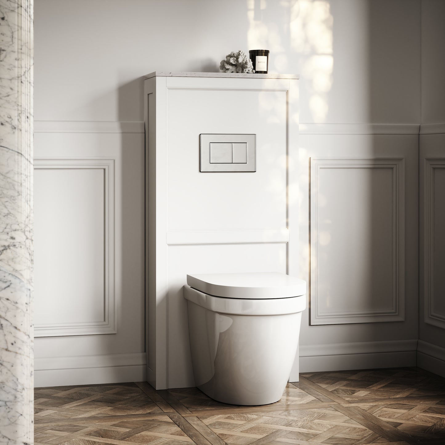 Berkeley Traditional Back to Wall Rimless Toilet with Concealed Cistern, Matte White Claridge Housing and Chrome Flush Plate