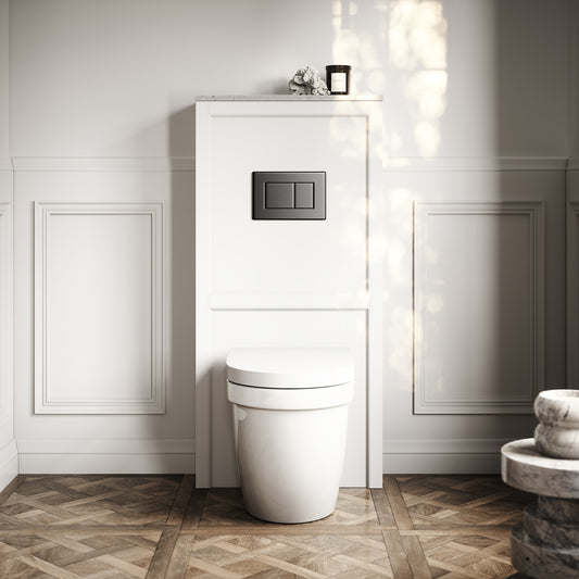 Berkeley Traditional Back to Wall Rimless Toilet with Concealed Cistern, Matte White Claridge Housing and Gunmetal Flush Plate