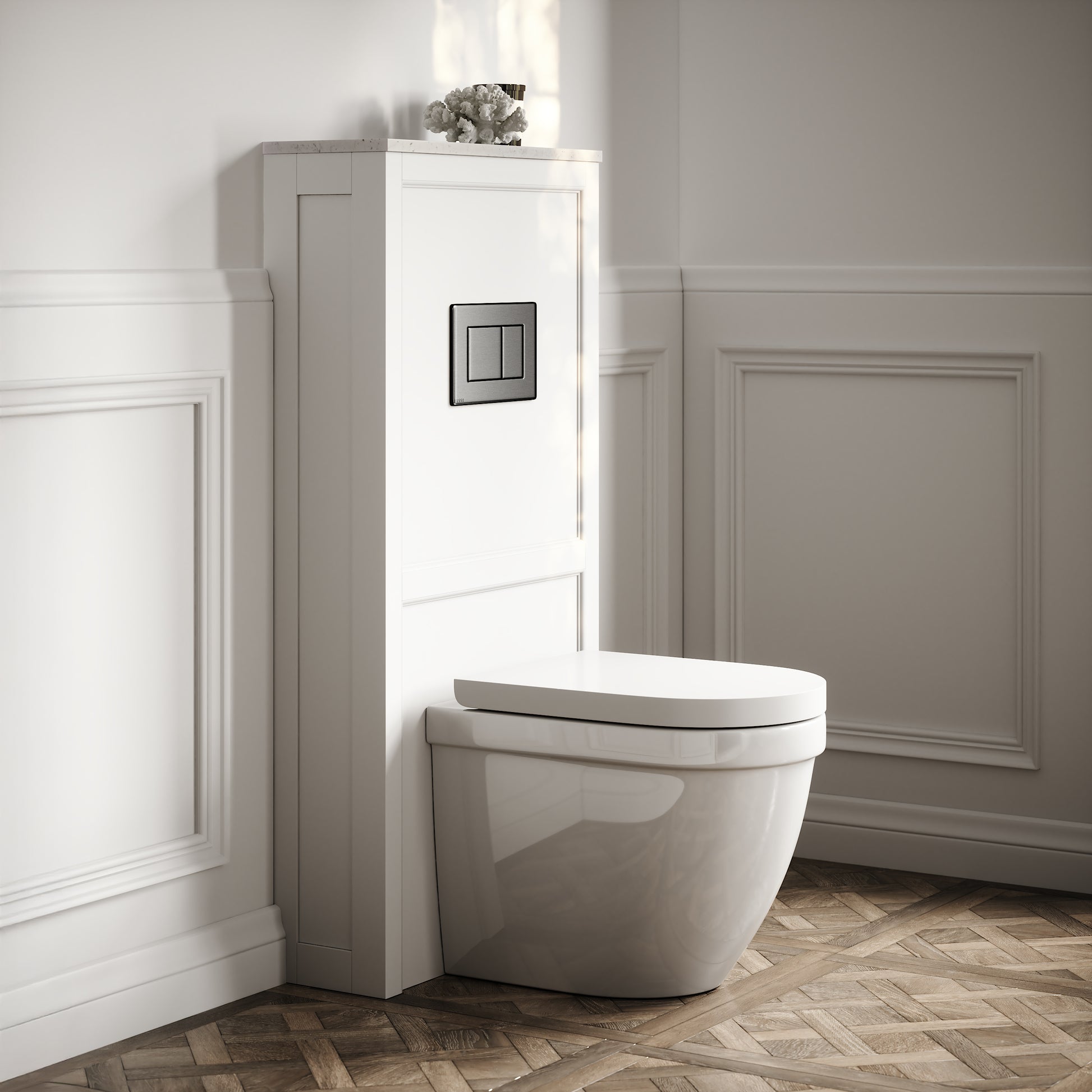 Berkeley Traditional Back to Wall Rimless Toilet with Concealed Cistern, Matte White Claridge Housing and Gunmetal Flush Plate
