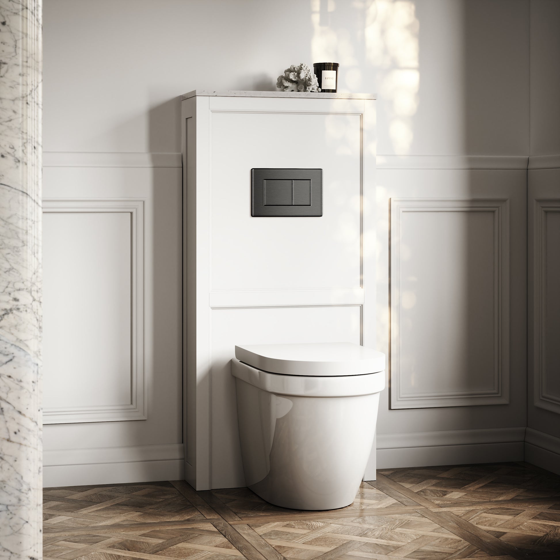 Berkeley Traditional Back to Wall Rimless Toilet with Concealed Cistern, Matte White Claridge Housing and Gunmetal Flush Plate