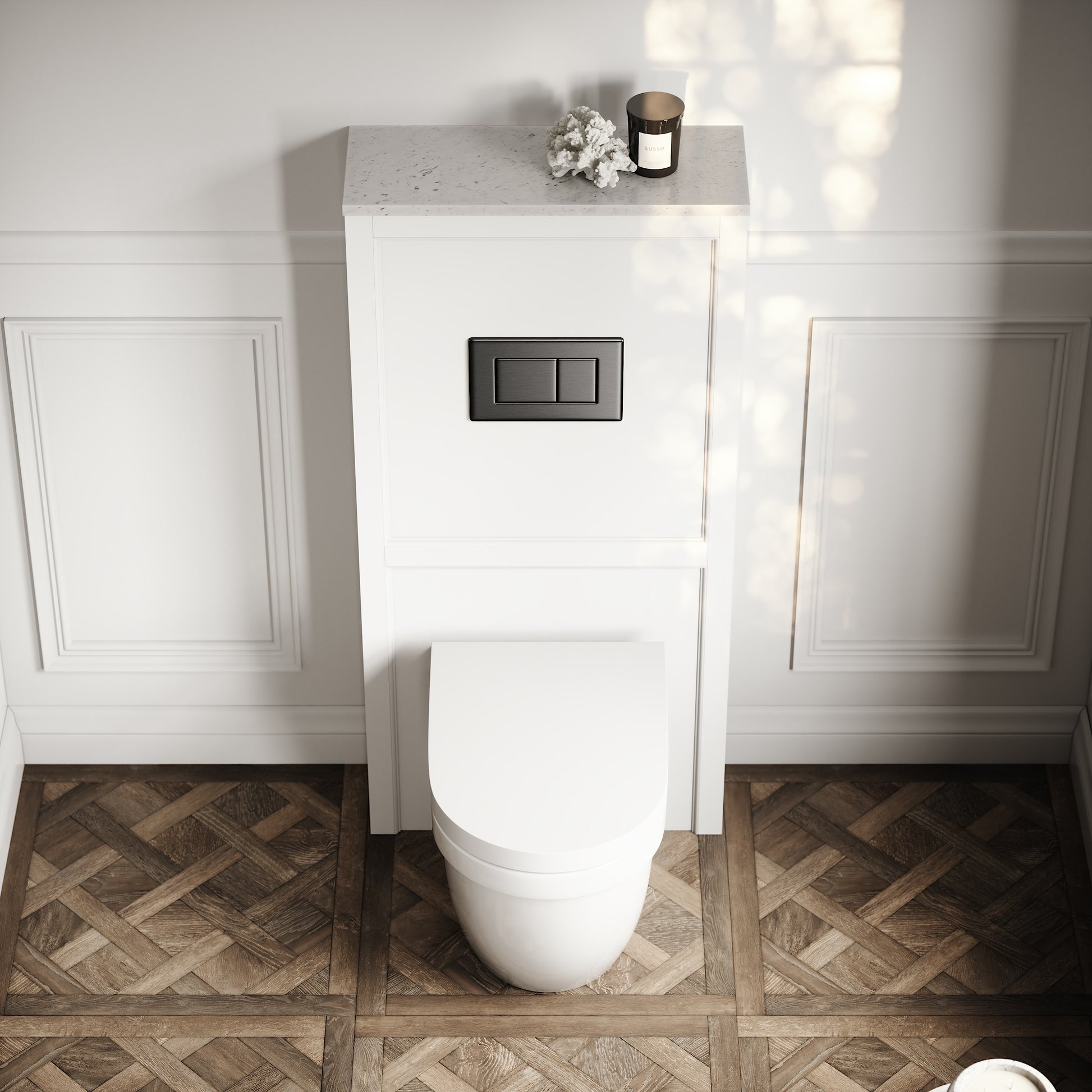 Berkeley Traditional Back to Wall Rimless Toilet with Concealed Cistern, Matte White Claridge Housing and Gunmetal Flush Plate