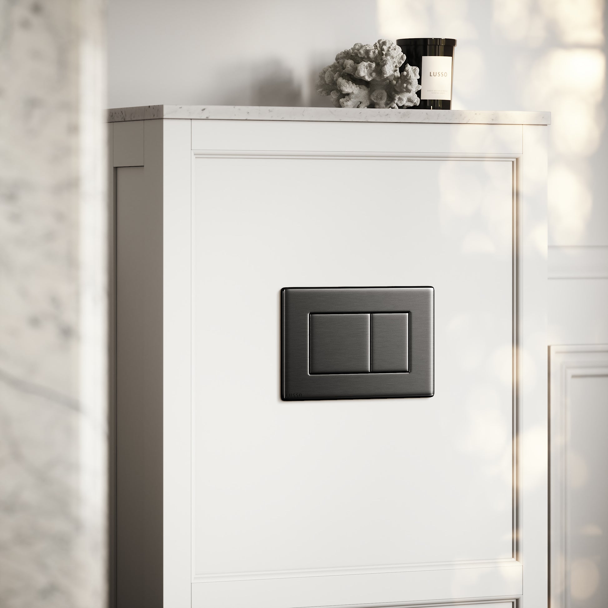 Berkeley Traditional Back to Wall Rimless Toilet with Concealed Cistern, Matte White Claridge Housing and Gunmetal Flush Plate