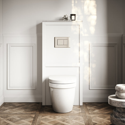 Berkeley Traditional Back to Wall Rimless Toilet with Concealed Cistern, Primed White Claridge Housing and Polished Nickel Flush Plate