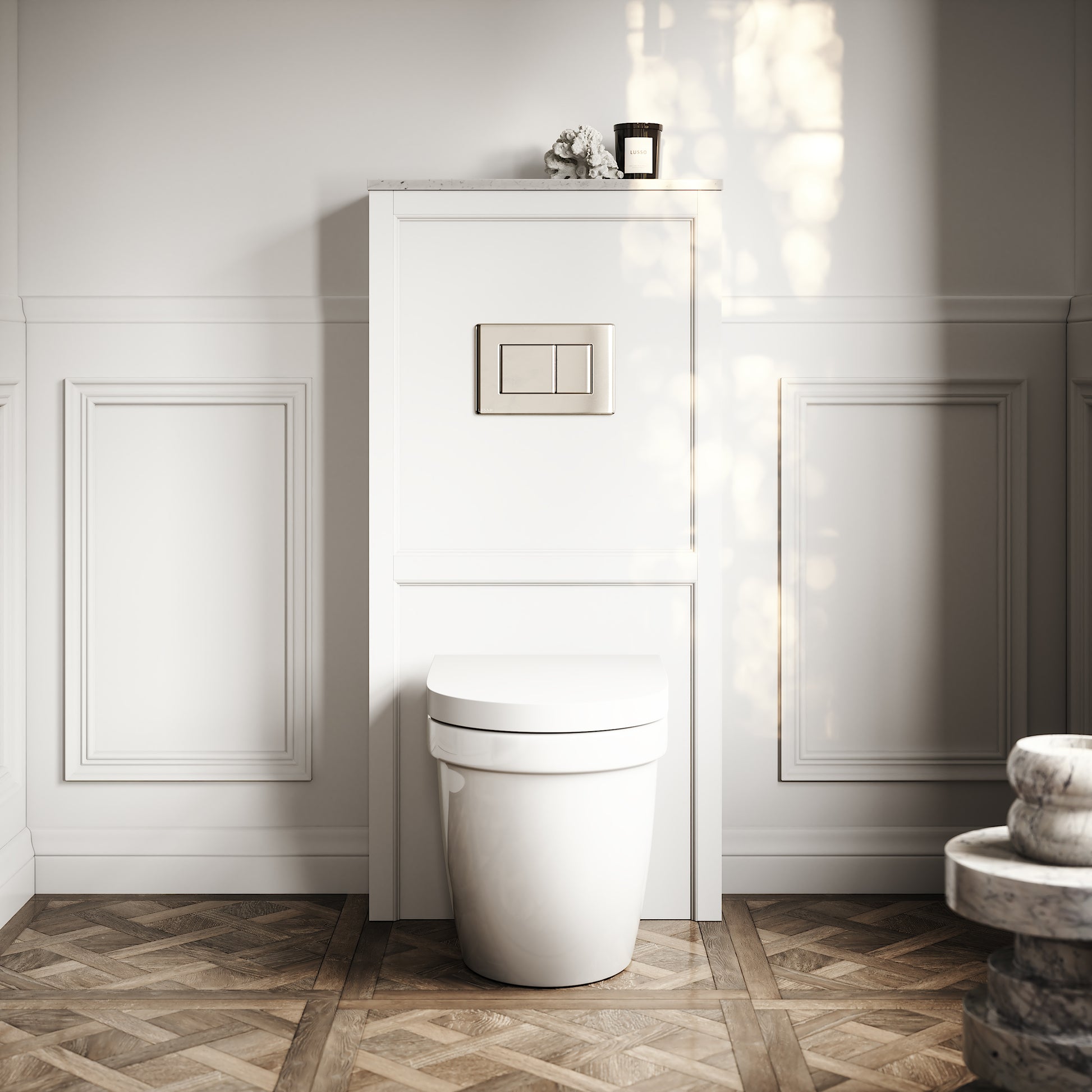 Berkeley Traditional Back to Wall Rimless Toilet with Concealed Cistern, Matte White Claridge Housing and Polished Nickel Flush Plate