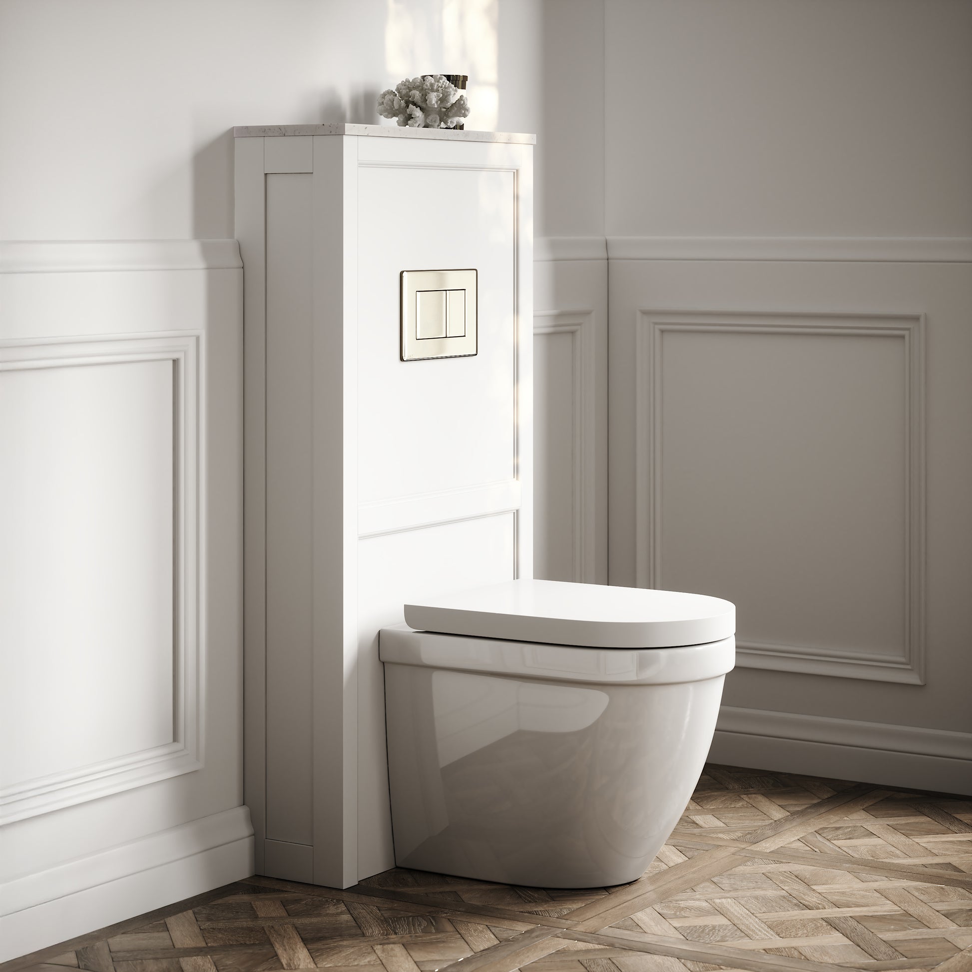 Berkeley Traditional Back to Wall Rimless Toilet with Concealed Cistern, Matte White Claridge Housing and Polished Nickel Flush Plate