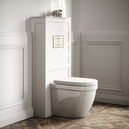 Berkeley Traditional Back to Wall Rimless Toilet with Concealed Cistern, Matte White Claridge Housing and Polished Nickel Flush Plate