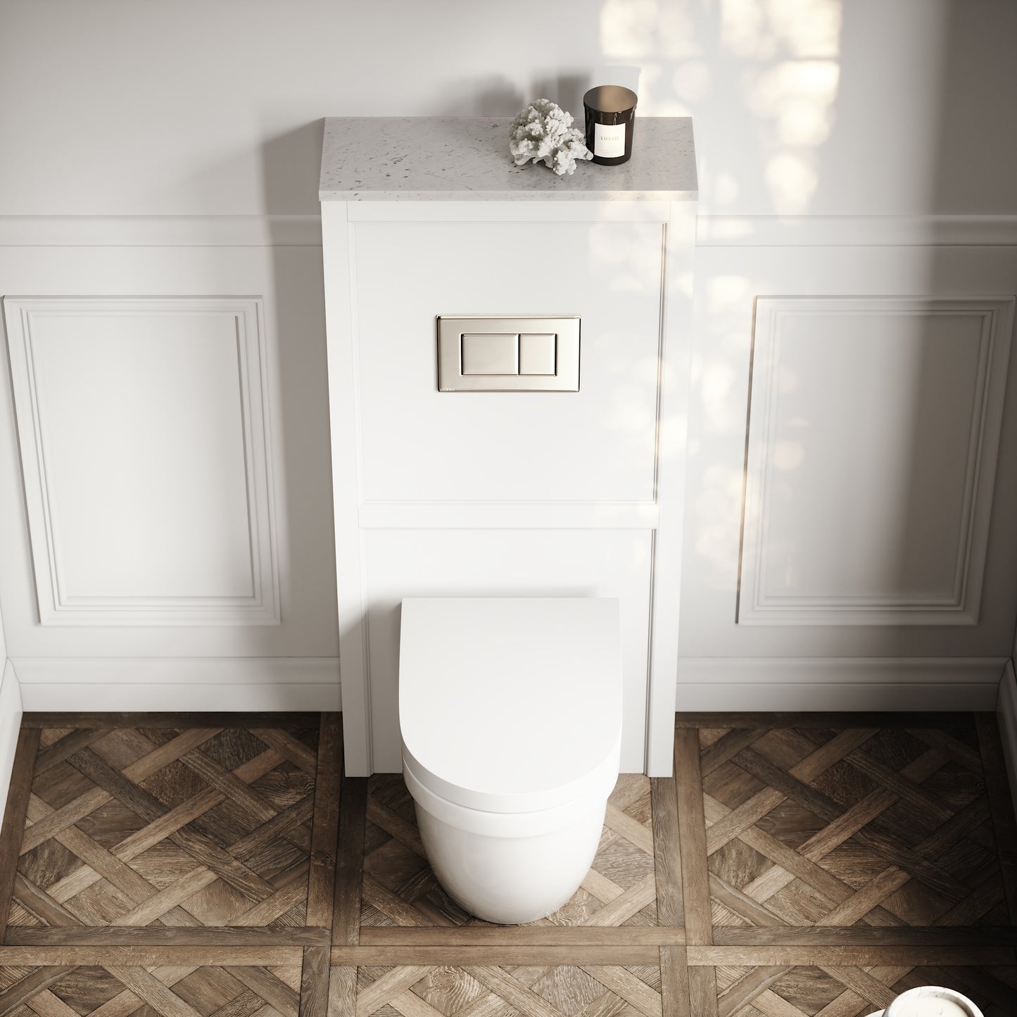 Berkeley Traditional Back to Wall Rimless Toilet with Concealed Cistern, Matte White Claridge Housing and Polished Nickel Flush Plate