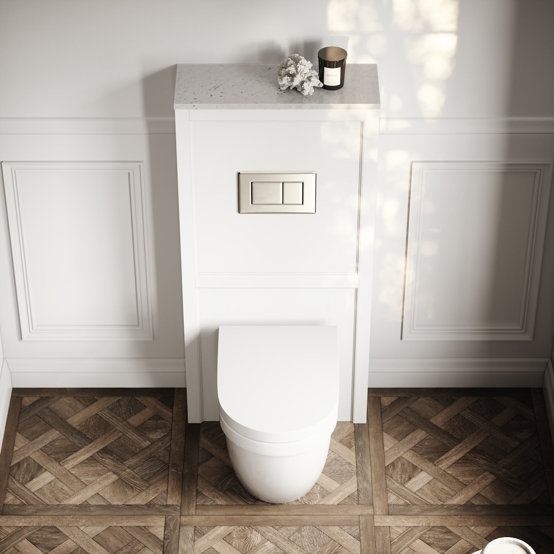 Berkeley Traditional Back to Wall Rimless Toilet with Concealed Cistern, Matte White Claridge Housing and Polished Nickel Flush Plate