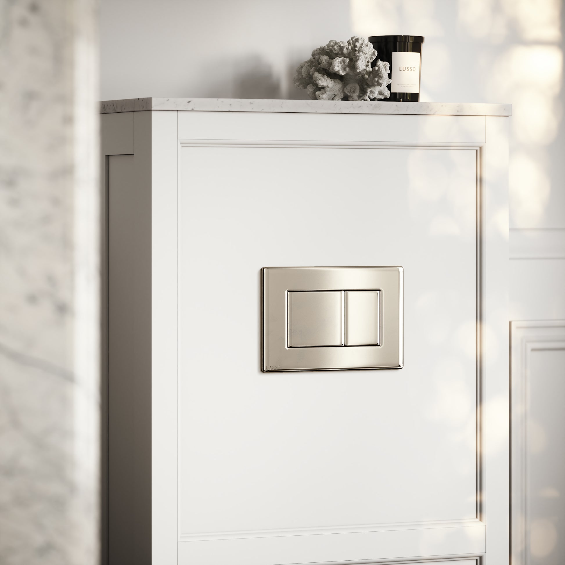 Berkeley Traditional Back to Wall Rimless Toilet with Concealed Cistern, Matte White Claridge Housing and Polished Nickel Flush Plate