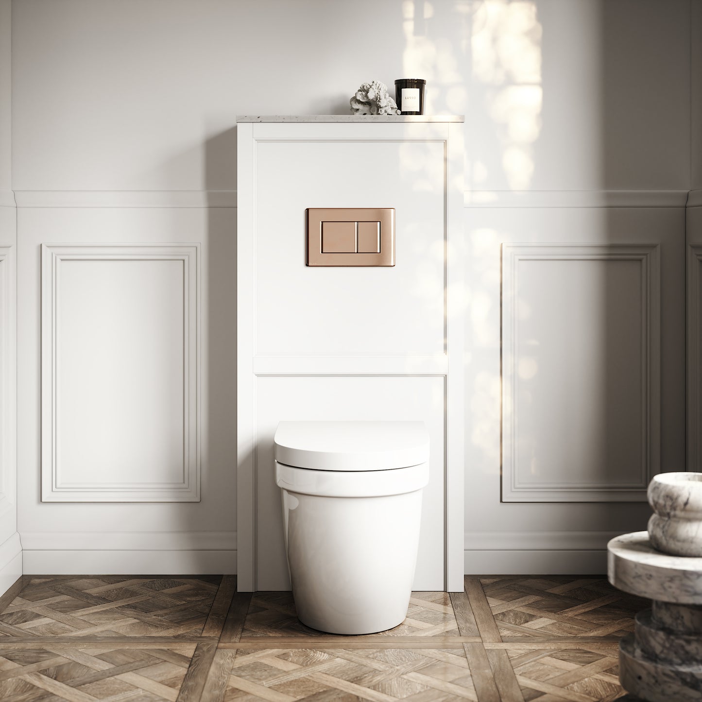 Berkeley Traditional Back to Wall Rimless Toilet with Concealed Cistern, Matte White Claridge Housing and Rose Gold Flush Plate