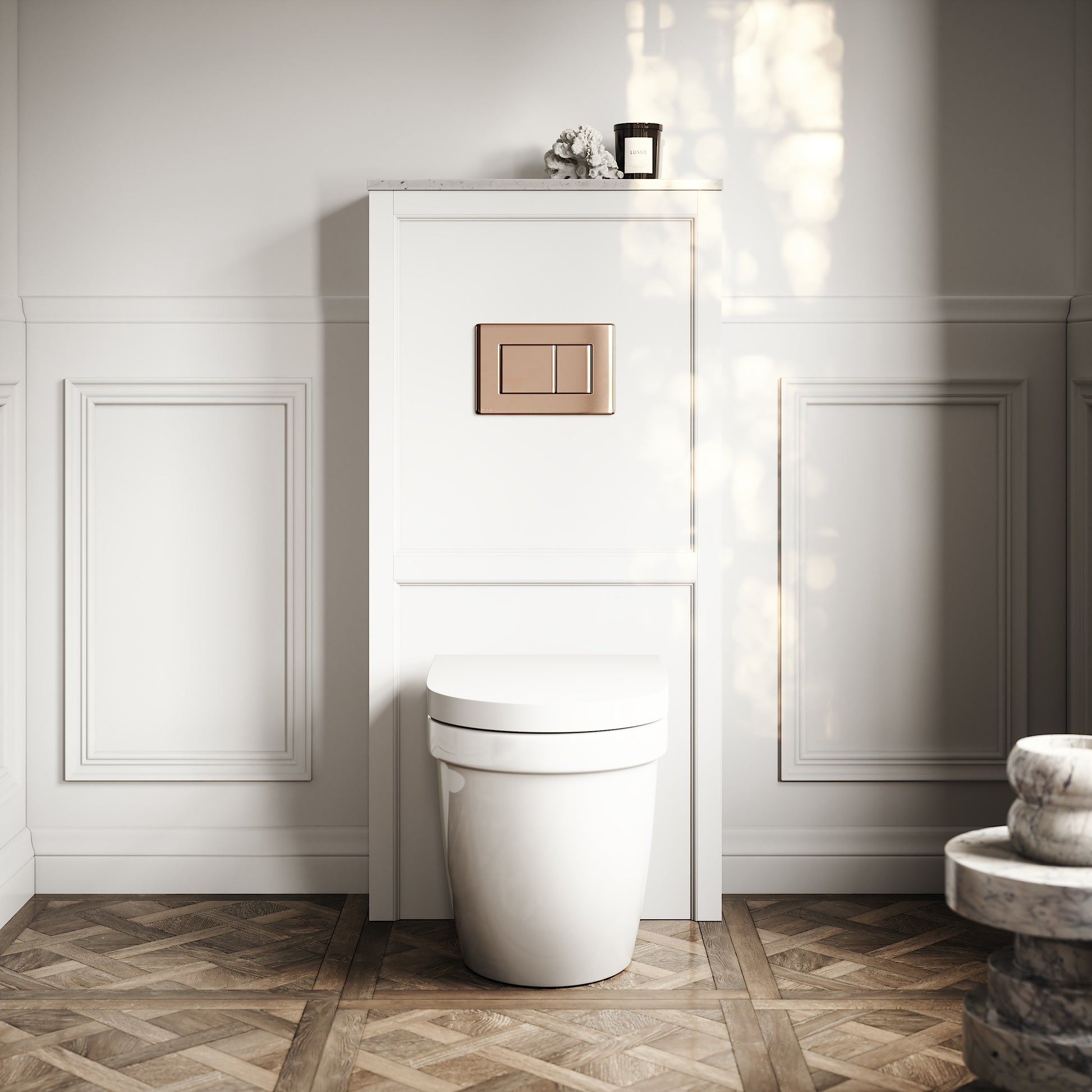 Berkeley Traditional Back to Wall Rimless Toilet with Concealed Cistern, Matte White Claridge Housing and Rose Gold Flush Plate