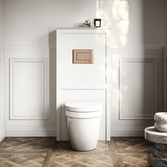 Berkeley Traditional Back to Wall Rimless Toilet with Concealed Cistern, Matte White Claridge Housing and Rose Gold Flush Plate