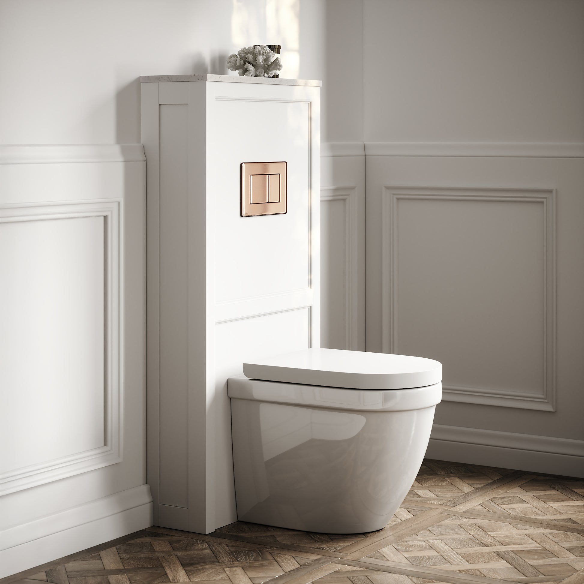 Berkeley Traditional Back to Wall Rimless Toilet with Concealed Cistern, Matte White Claridge Housing and Rose Gold Flush Plate