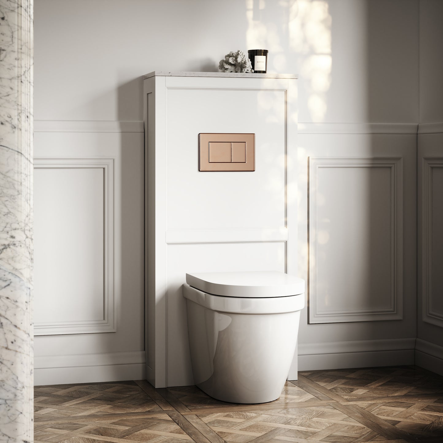 Berkeley Traditional Back to Wall Rimless Toilet with Concealed Cistern, Matte White Claridge Housing and Rose Gold Flush Plate