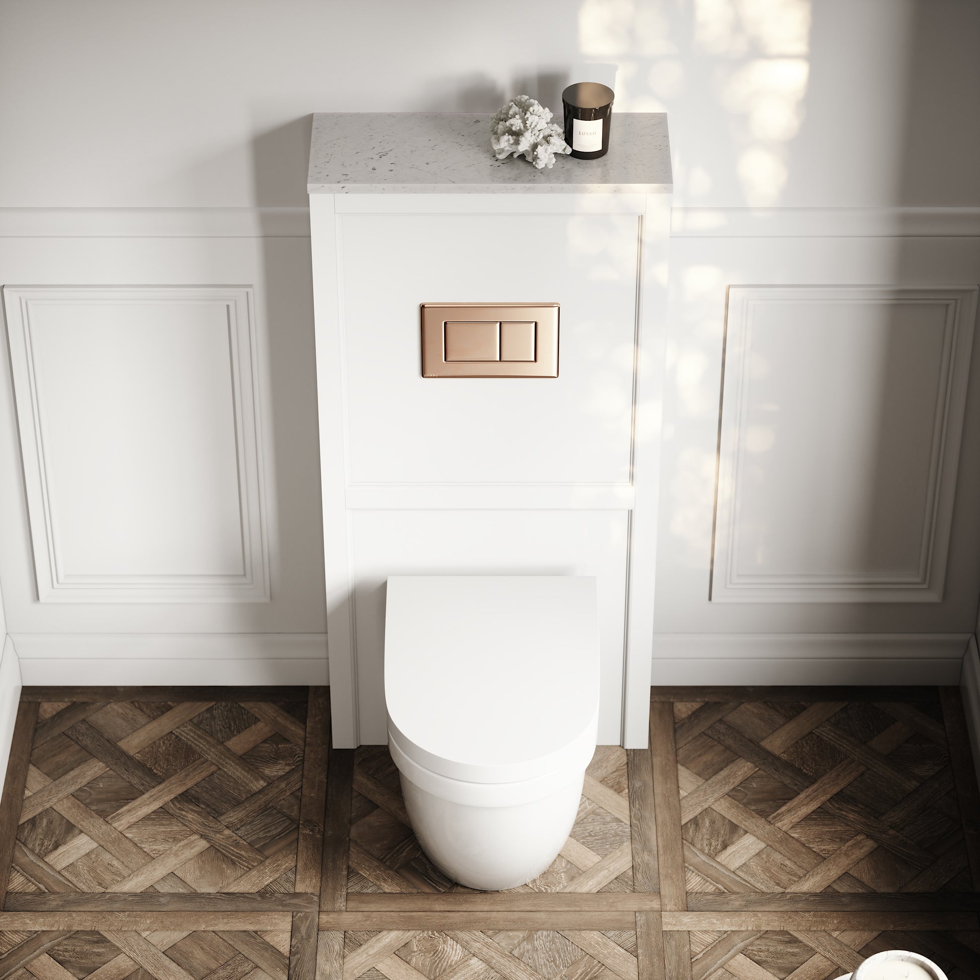 Berkeley Traditional Back to Wall Rimless Toilet with Concealed Cistern, Matte White Claridge Housing and Rose Gold Flush Plate