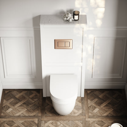 Berkeley Traditional Back to Wall Rimless Toilet with Concealed Cistern, Matte White Claridge Housing and Rose Gold Flush Plate