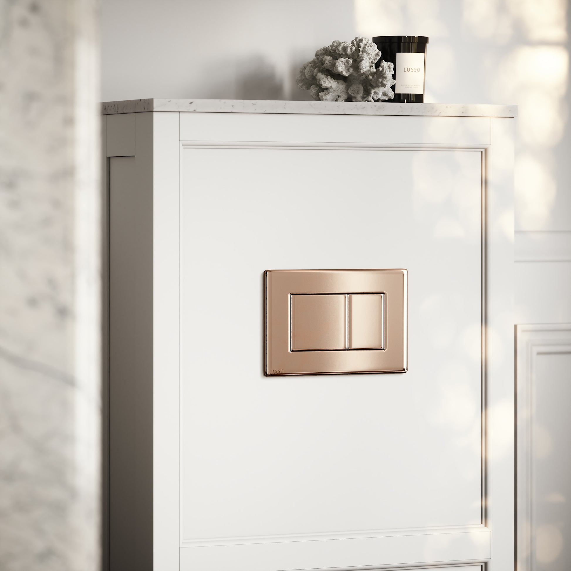 Berkeley Traditional Back to Wall Rimless Toilet with Concealed Cistern, Matte White Claridge Housing and Rose Gold Flush Plate