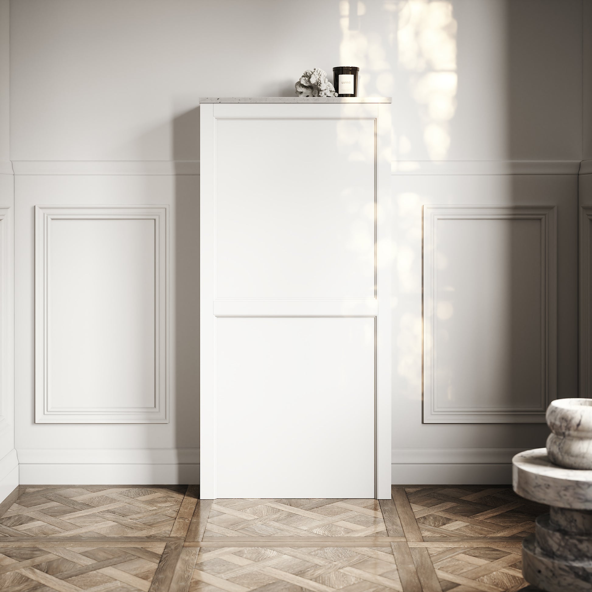 Berkeley Traditional Back to Wall Rimless Toilet with Concealed Cistern, Matte White Claridge Housing and Polished Nickel Flush Plate