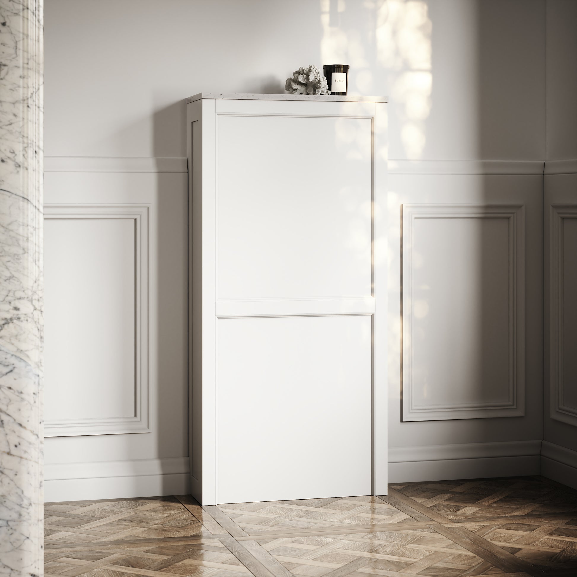 Berkeley Traditional Back to Wall Rimless Toilet with Concealed Cistern, Matte White Claridge Housing and Polished Nickel Flush Plate