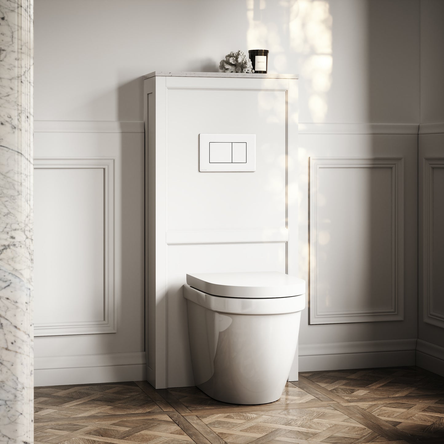 Berkeley Traditional Back to Wall Rimless Toilet with Concealed Cistern, Matte White Claridge Housing and Matte White Flush Plate