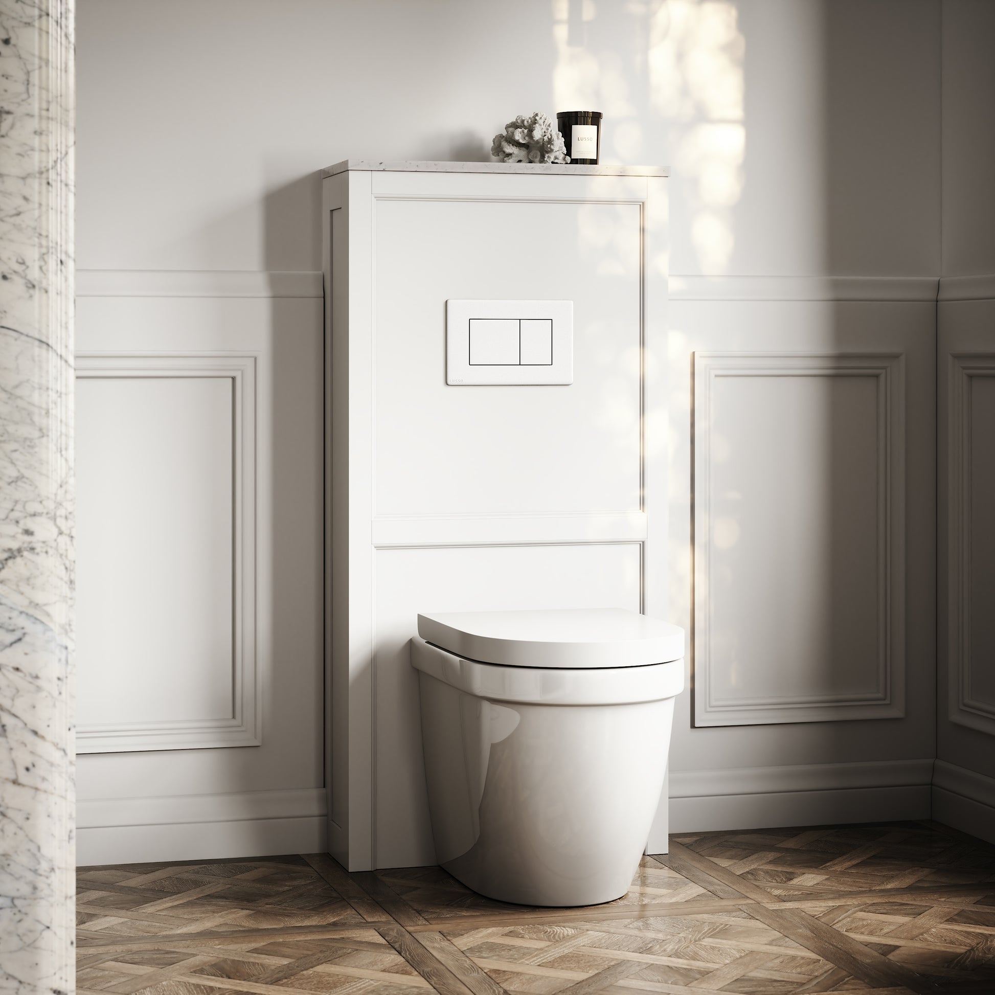 Berkeley Traditional Back to Wall Rimless Toilet with Concealed Cistern, Matte White Claridge Housing and Matte White Flush Plate