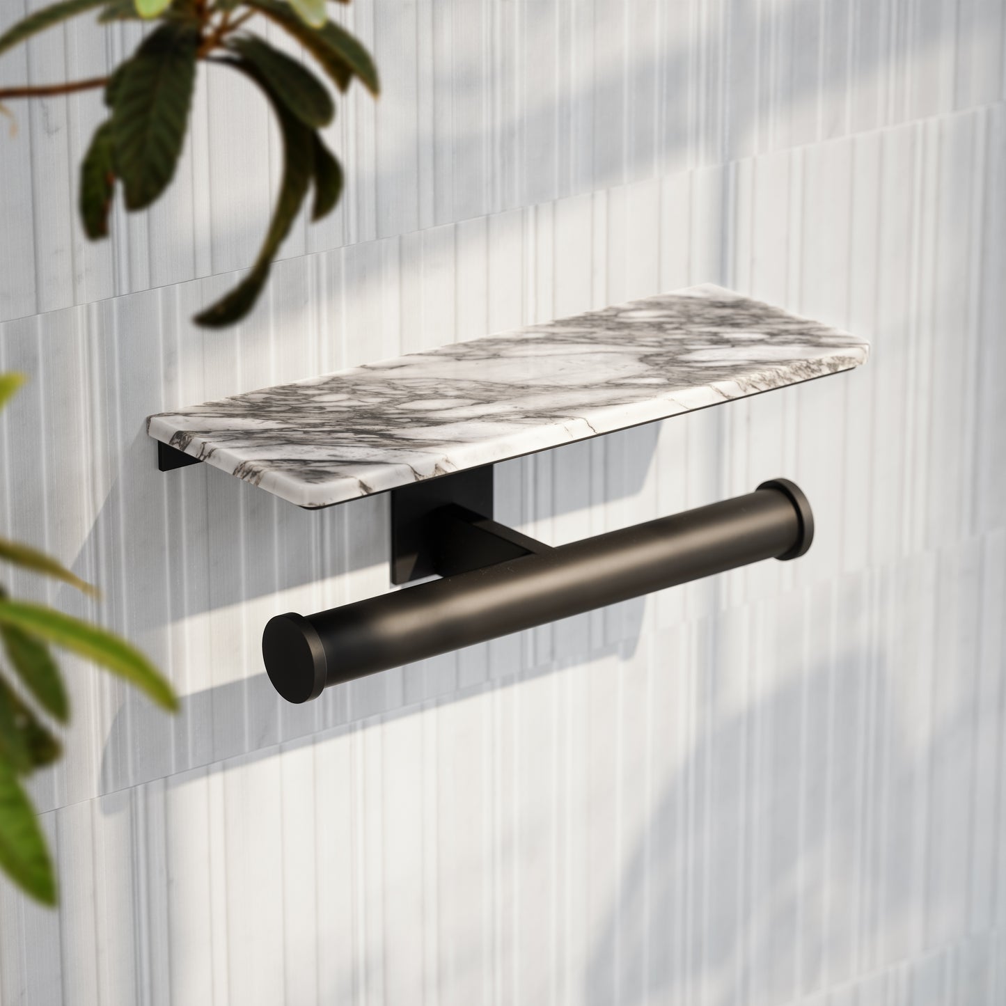 Deka Matte Black Double Toilet Roll Holder with Arabescato Marble Shelf