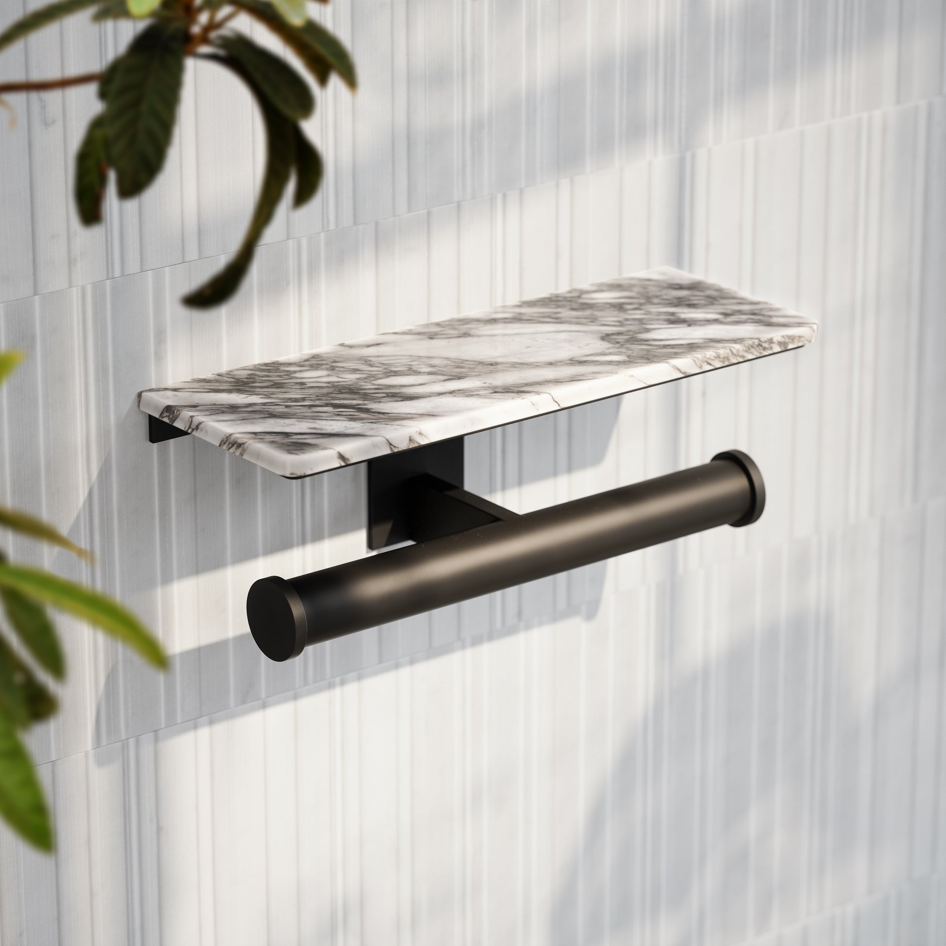Deka Matte Black Double Toilet Roll Holder with Arabescato Marble Shelf