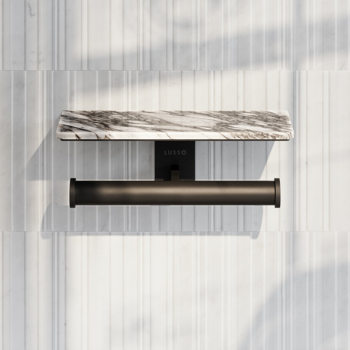 Deka Matte Black Double Toilet Roll Holder with Arabescato Marble Shelf