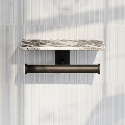 Deka Matte Black Double Toilet Roll Holder with Arabescato Marble Shelf