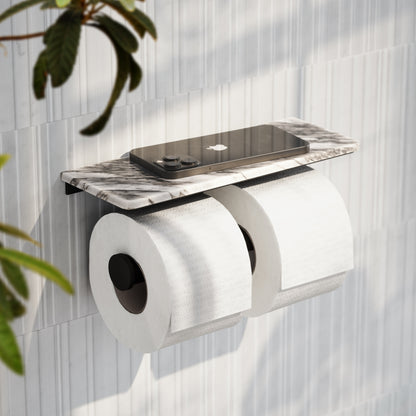 Deka Matte Black Double Toilet Roll Holder with Arabescato Marble Shelf