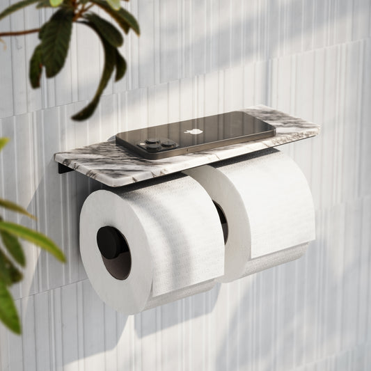 Deka Matte Black Double Toilet Roll Holder with Arabescato Marble Shelf