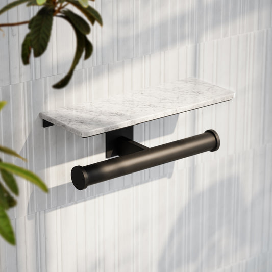 Deka Matte Black Double Toilet Roll Holder with Carrara Marble Shelf