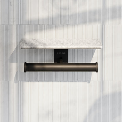 Deka Matte Black Double Toilet Roll Holder with Carrara Marble Shelf