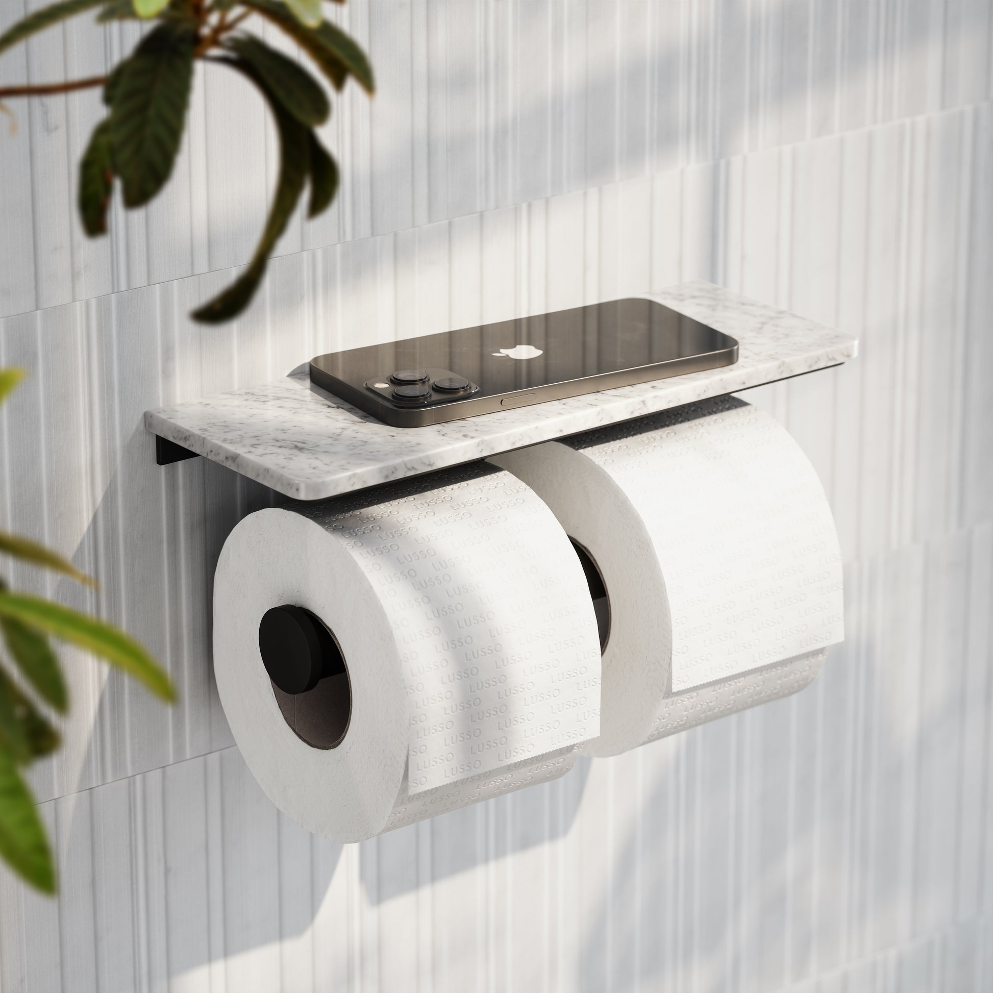 Deka Matte Black Double Toilet Roll Holder with Carrara Marble Shelf