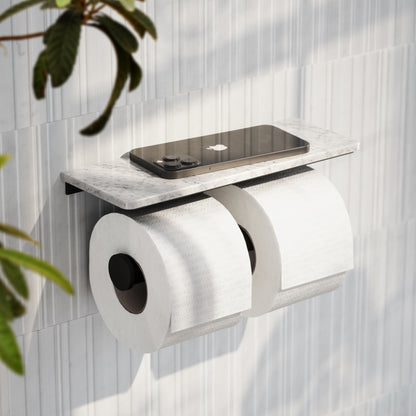 Deka Matte Black Double Toilet Roll Holder with Carrara Marble Shelf