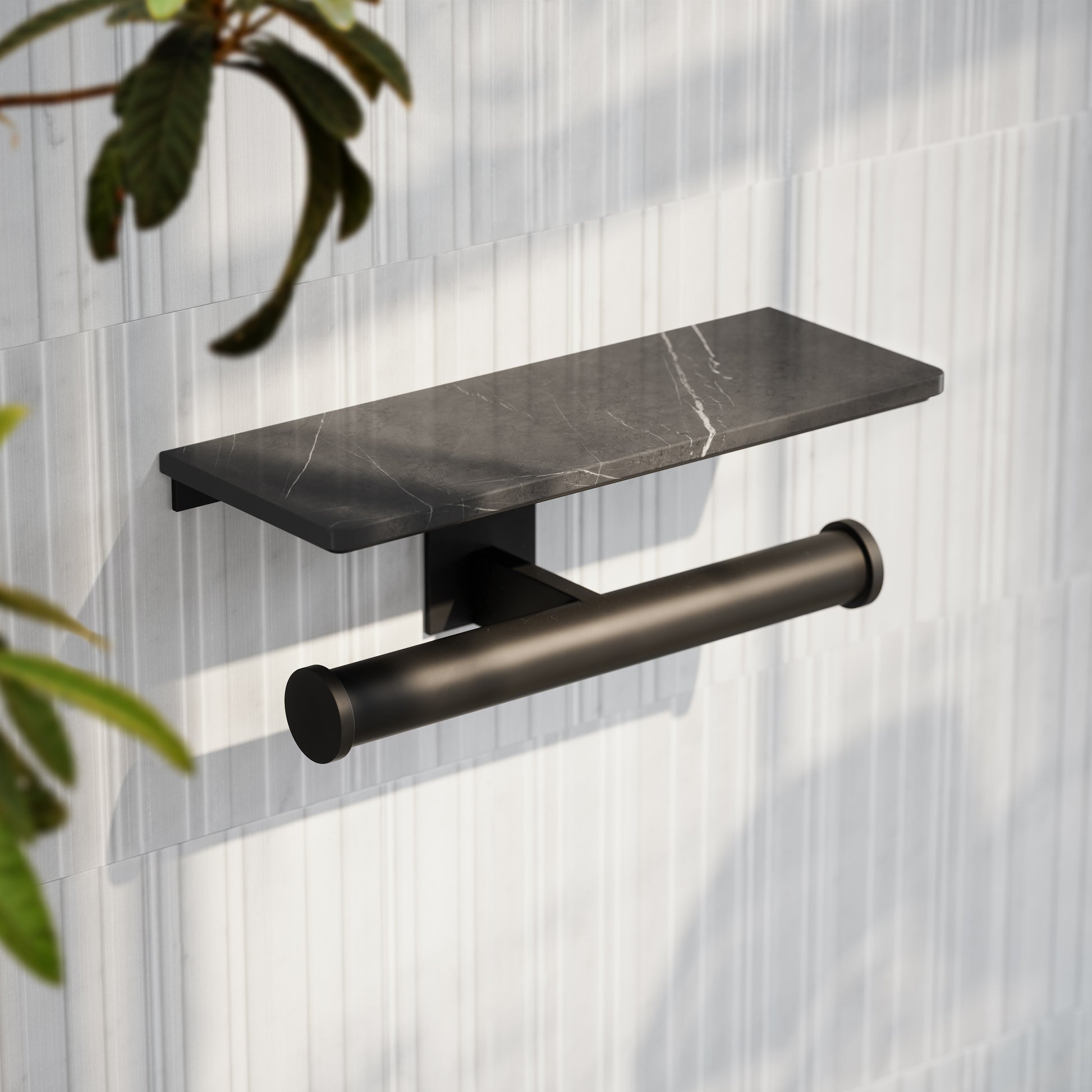 Deka Matte Black Double Toilet Roll Holder with Pietra Grey Marble Shelf