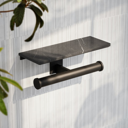 Deka Matte Black Double Toilet Roll Holder with Pietra Grey Marble Shelf