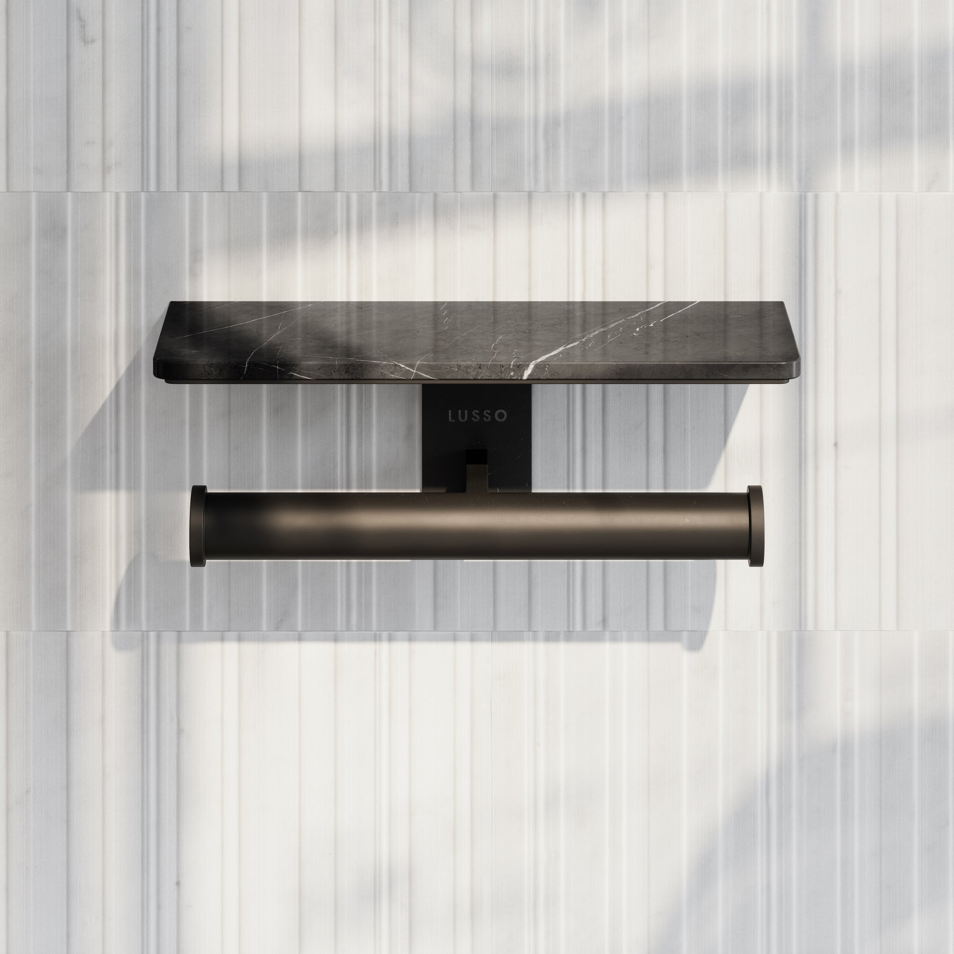 Deka Matte Black Double Toilet Roll Holder with Pietra Grey Marble Shelf