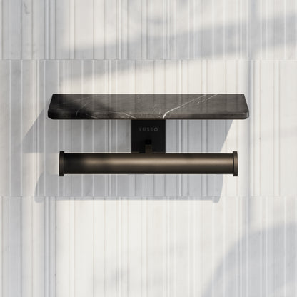 Deka Matte Black Double Toilet Roll Holder with Pietra Grey Marble Shelf
