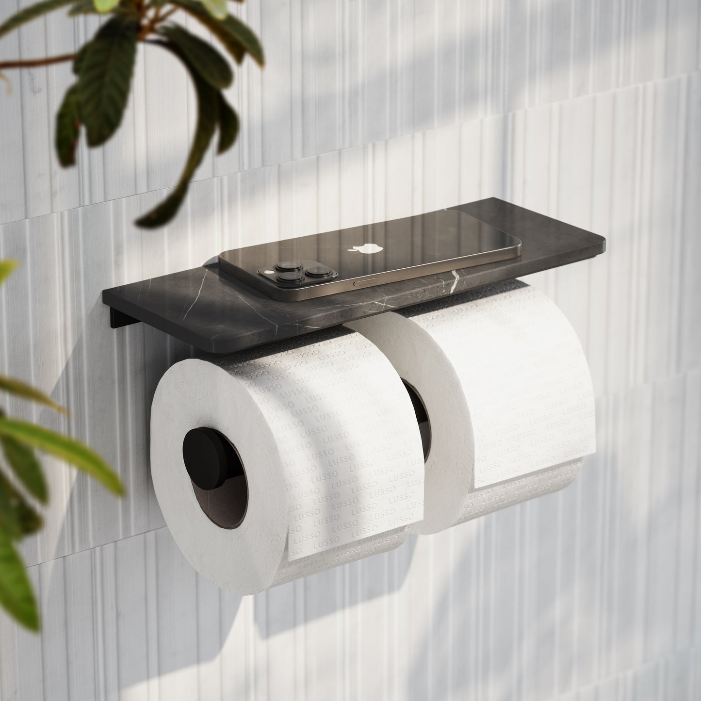 Deka Matte Black Double Toilet Roll Holder with Pietra Grey Marble Shelf
