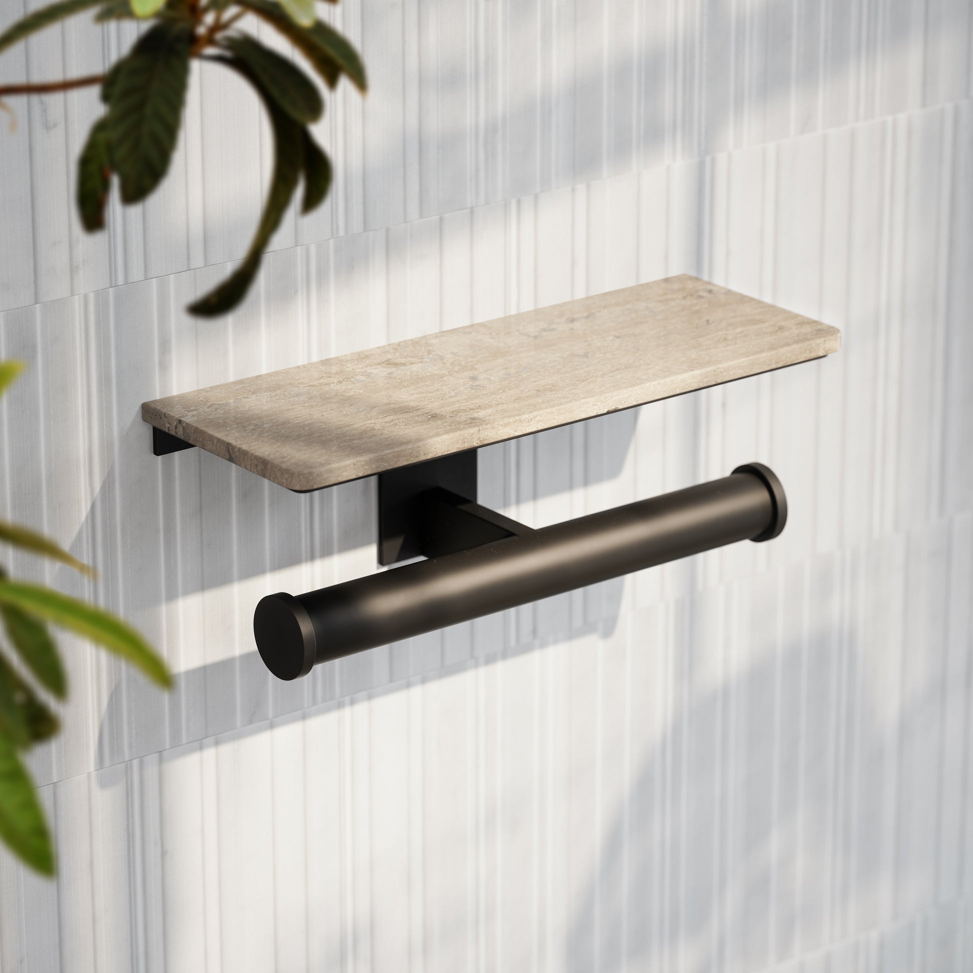 Deka Matte Black Double Toilet Roll Holder with Travertine Stone Shelf