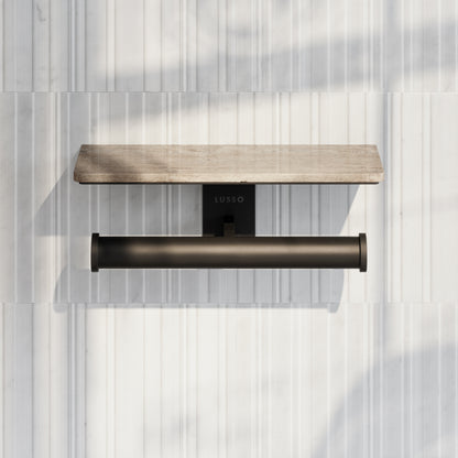 Deka Matte Black Double Toilet Roll Holder with Travertine Stone Shelf