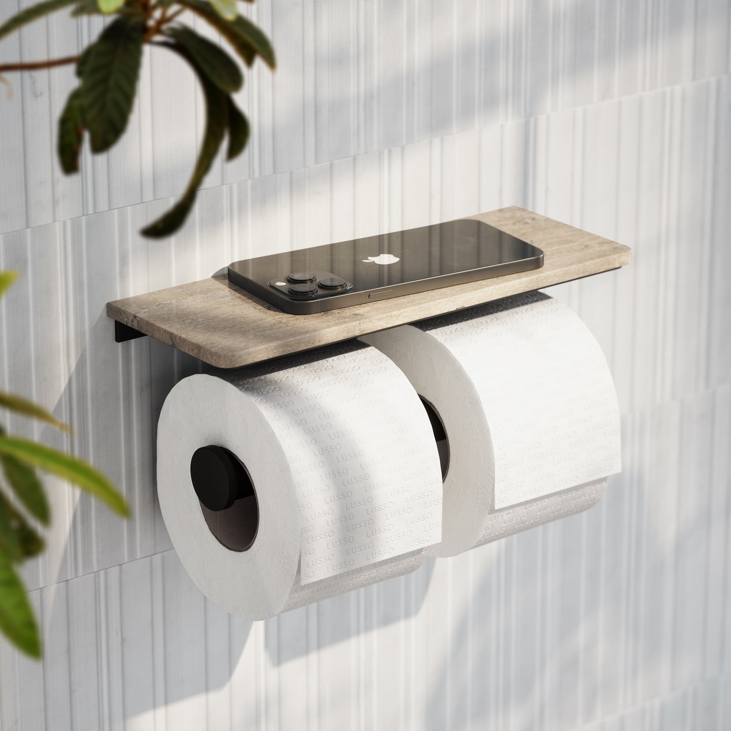Deka Matte Black Double Toilet Roll Holder with Travertine Stone Shelf