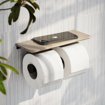 Deka Matte Black Double Toilet Roll Holder with Travertine Stone Shelf