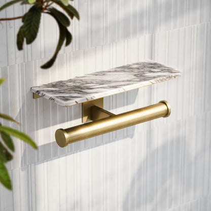 Deka Brushed Gold Double Toilet Roll Holder with Arabescato Marble Shelf